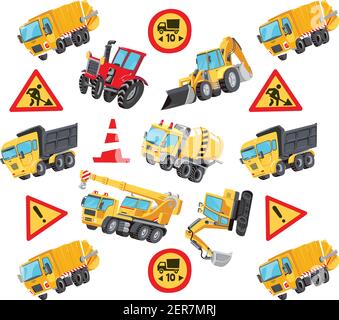 Seamless pattern with colorful toy Trucks, Cars and Road Signs. Red tractor, Excavator, Digger machine, Building machines, Concrete Mixer. Stock Vector