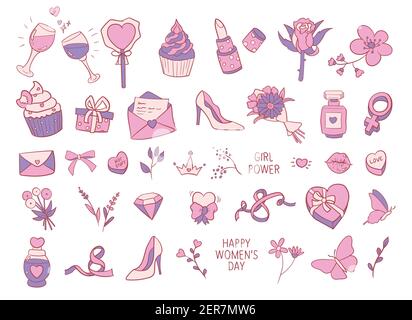 8 march, international women's day themed vector illustrations set, collection of hand drawn clip art drawings and elements. Stock Vector