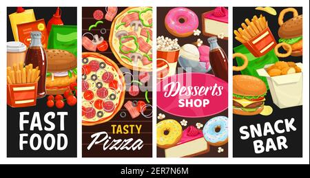 Fast food and snack bar desserts vector street meals burgers, donuts and popcorn, french fries and soda drink. Chicken nuggets, cheeseburger, pizza an Stock Vector