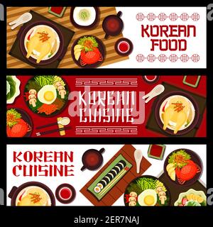 Korean cuisine vector rice bibimbap with vegetables and egg or mushrooms. Ginseng chicken soup samguetang, shaved ice dessert with fruits, matcha tea Stock Vector
