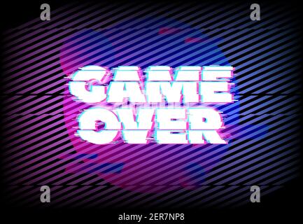 Glitch effect for game over page. Abstract vector background with blue and purple neon glitched diagonal stripes and round colorful shapes. Vintage po Stock Vector