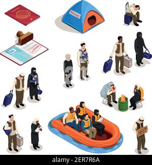 Stateless refugees asylum icons isometric collection with isolated images of documents and human characters of people vector illustration Stock Vector