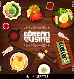 Korean cuisine vector ginseng chicken soup samguetang, shaved ice dessert with fruits and rice bibimbap with vegetables and egg. Matcha tea, sushi rol Stock Vector