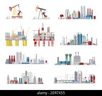 Industrial buildings and factory facilities vector icons. Plants, chemical estate, gas pipelines, oil refinery or mining manufacturing and engineering Stock Vector