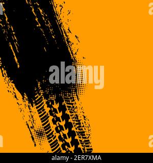 Off road car tire grunge background, truck tracks pattern and halftone black wheels drift traces. Off-road car tires and motorcycle grunge skidding ru Stock Vector
