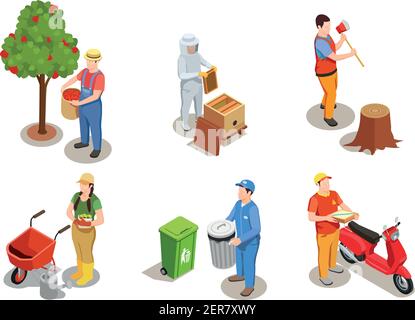Worker professions isometric compositions set with human characters of people modern jobs and pieces of equipment vector illustration Stock Vector