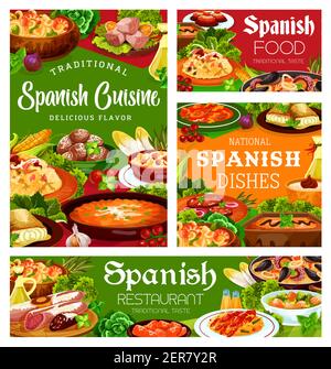 Spanish cuisine food, menu meals and dishes, Spain restaurant meat, paella and snacks tapas, vector. Spanish food seafood and fish paella, lunch and d Stock Vector