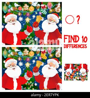 Christmas vector game of find or spot differences with Santa cartoon characters. Children education mind game, puzzle or worksheet template with Claus Stock Vector