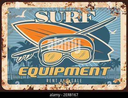 Surf equipment rusty metal plate with surfing boards and mask on seascape background with palm trees. Vector vintage rust tin sign for rent and sale s Stock Vector