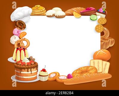 Pastry and bakery food vector frame border. Bread, cake, baguette and croissant, cereal toast, cupcake, donut and bagel, cookie, bun, baker hat, jelly Stock Vector