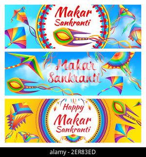 Happy Makar Sankranti holiday celebration banners. Hinduism religion harvest festival, solar calendar traditional event background. Flying colorful ki Stock Vector
