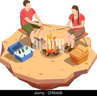 Camping hiking isometric icons composition with view of outdoor picnic date with campfire and a couple vector illustration Stock Vector