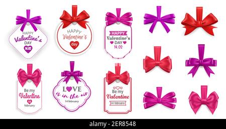 Valentines Day love holiday gift tags. Vector cards with hearts, red and pink bows of silk ribbons or tapes and wishes of Happy Valentines Day, romant Stock Vector