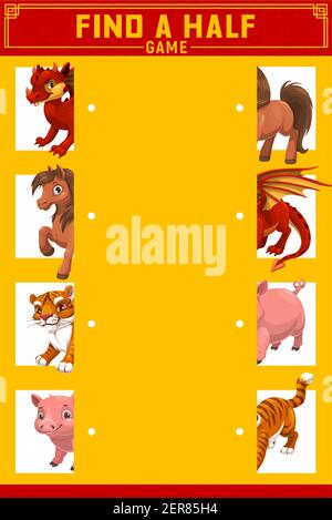 Children find right half game with Chinese zodiac animals. Child logical riddle, kids educational game with image parts comparing task. Dragon, horse Stock Vector