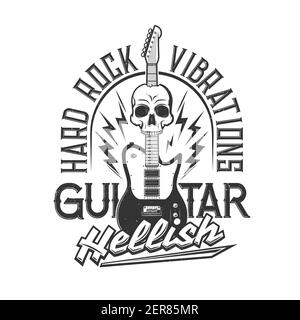 Guitar and skull vector mockup of t-shirt print. Hard rock music club or cafe custom apparel template with electric guitar, lightnings and skeleton he Stock Vector