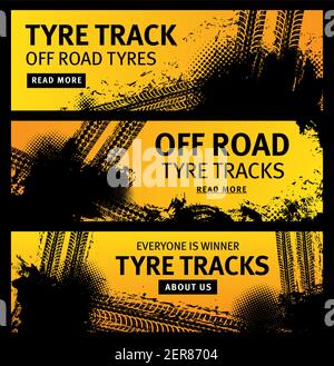 Off road tyre tracks vector black grunge tire prints for automobile service. Rally, motocross dirty tires pattern, offroad grungy textured trails and Stock Vector
