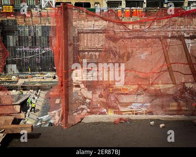 New York, NY, USA - Mar 1, 2021: Street view of early construction of Disney's new headquarters building in Hudson Square Stock Photo