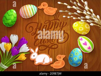 Easter vector poster with painted eggs, crocus flowers, willow bunch, bunny and duck gingerbread or cookies on wooden table surface with lettering. Ca Stock Vector