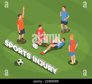 Football soccer isometric people composition with text and images of suffering player after foul with doctor vector illustration Stock Vector