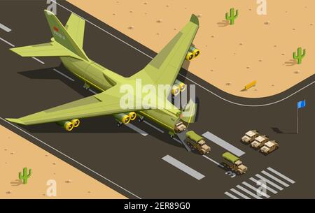 Airplanes helicopters isometric composition with military non-combat aircraft during airmobile insert of war transport vehicles vector illustration Stock Vector