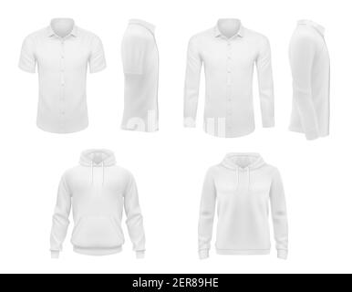 Men clothes vector shirts with short and long sleeves and hoody apparel mockup. White 3d male casual garment template, blank clothing outfit design fr Stock Vector