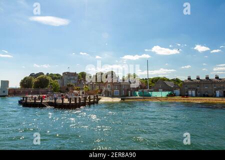 Brownsea Island, UK 07-20-2010: A panoramic view of the Brownsea island, a tiny island within the Poole harbour. Image features people on the pier, hi Stock Photo