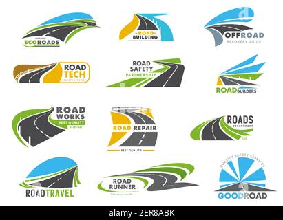 Highway road, driveway and speedway icons set. Road construction, repair works and ravel, freeway safety department and logistics service emblems. Win Stock Vector