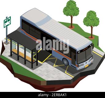 Public city transport isometric composition with view of bus stop and municipal bus with wheelchair ramp vector illustration Stock Vector