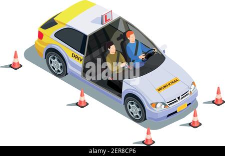 Driving school isometric composition with images of instructor and learner in car surrounded by safety cones vector illustration Stock Vector