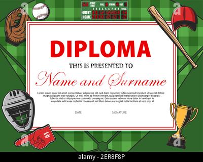 Baseball certificate, sport award diploma and cup winner appreciation, vector template border. Baseball tournament sport victory certificate and honor Stock Vector