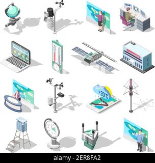 Forecasters, office building and devices including weather satellite, thermometer, wind measurement instrument, isometric icons isolated vector illust Stock Vector