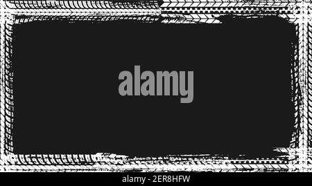 Frame made of white tyre prints on black background. Vector grunge empty border template for automobile transportation service. Dirty tire pattern, of Stock Vector