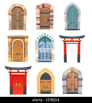 Cartoon gates and doors vector wooden and stone medieval asian, european or fairytale arched or rectangular entries. Palace or castle exterior design Stock Vector