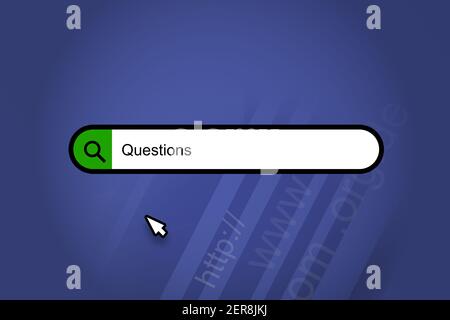 Questions - search engine, search bar with blue background Stock Photo