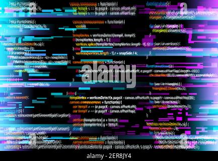 Abstract background with glitched program code parts. Vector backdrop with programming language and random glowing pixels. Black monitor screen with d Stock Vector