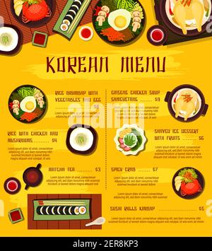 Korean cuisine vector shaved ice dessert with fruits, rice bibimbap with vegetables and egg, sushi rolls kimbap. Spicy crab, rice with chicken and mus Stock Vector