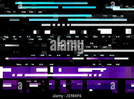 Abstract background with glitch effect, vector distortion, glitched colored horizontal stripes, numbers and random pixels on black screen. Television Stock Vector
