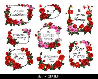 Funerary round and square frames, borders with flowers. Funeral vector card decorations set with roses flowers and buds, red poppy, azaleas and clover Stock Vector