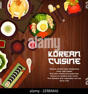 Korean cuisine vector sushi rolls kimbap, spicy crab and rice with chicken and mushrooms. Ginseng soup samguetang, shaved ice dessert with fruits, ric Stock Vector