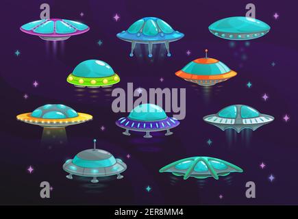 UFO and alien spaceship cartoon set of vector spacecraft. Space ships, rockets, unidentified flying objects and flying saucers in shape of disk with g Stock Vector