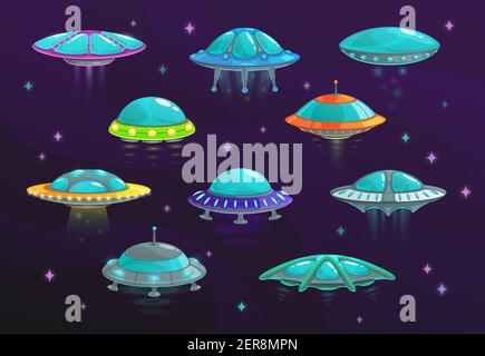 UFO and alien spaceship cartoon set of vector spacecraft. Space ships, rockets, unidentified flying objects and flying saucers in shape of disk with g Stock Vector