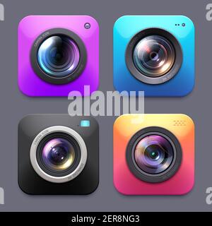 Photo and video cameras with lens flare vector icons, isolated digital ...