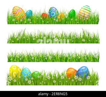 Easter green grass with eggs and flowers, cartoon vector borders. Painted eggs lying at green grass blades field. Easter hunt decoration element with Stock Vector