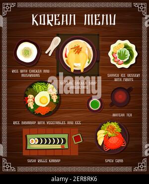 Korean cuisine vector menu rice with chicken and mushrooms, ginseng soup samguetang, shaved ice dessert with fruits. Rice bibimbap with vegetables and Stock Vector