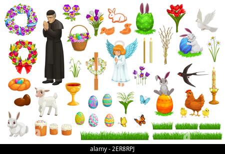 Easter holiday vector characters, icons and symbols. Vector flower wreath, praying priest, basket with eggs, candles and angel, rabbit, sheep and hen Stock Vector