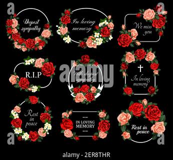 Funeral vector cards with red and pink rose flower wreaths. Obituary frames with engraved floral decoration and condolence typography. Vintage borders Stock Vector