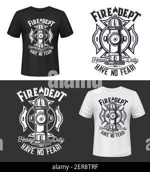 Tshirt print with water hydrant, vector apparel mockup for firefighters department. Fire rescue dept team emergency service black and white t shirt pr Stock Vector