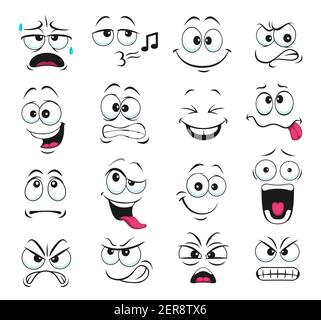Face expression isolated vector icons, funny cartoon emoji whistle, yelling and sweating, gnash teeth, angry, laughing and sad. Facial feelings, emoti Stock Vector