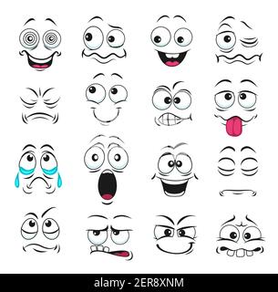 Face expression isolated vector icons, funny cartoon emoji hypnotized, crying and surprised, show teeth and tongue , laughing, smiling and sad. Facial Stock Vector
