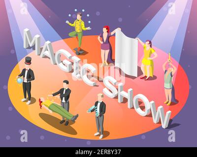 Illusionists isometric composition on orange circle with levitation, tricks with ball and cards, dagger swallowing, vector illustration Stock Vector